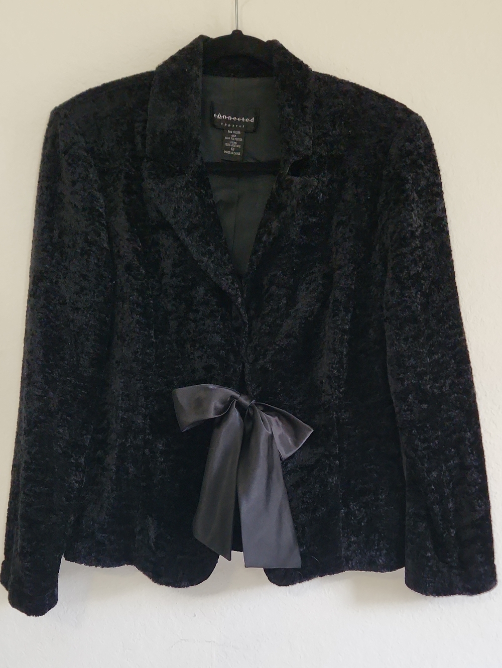 Black Faux Fur Satin Bow Blazer Jacket Size 12